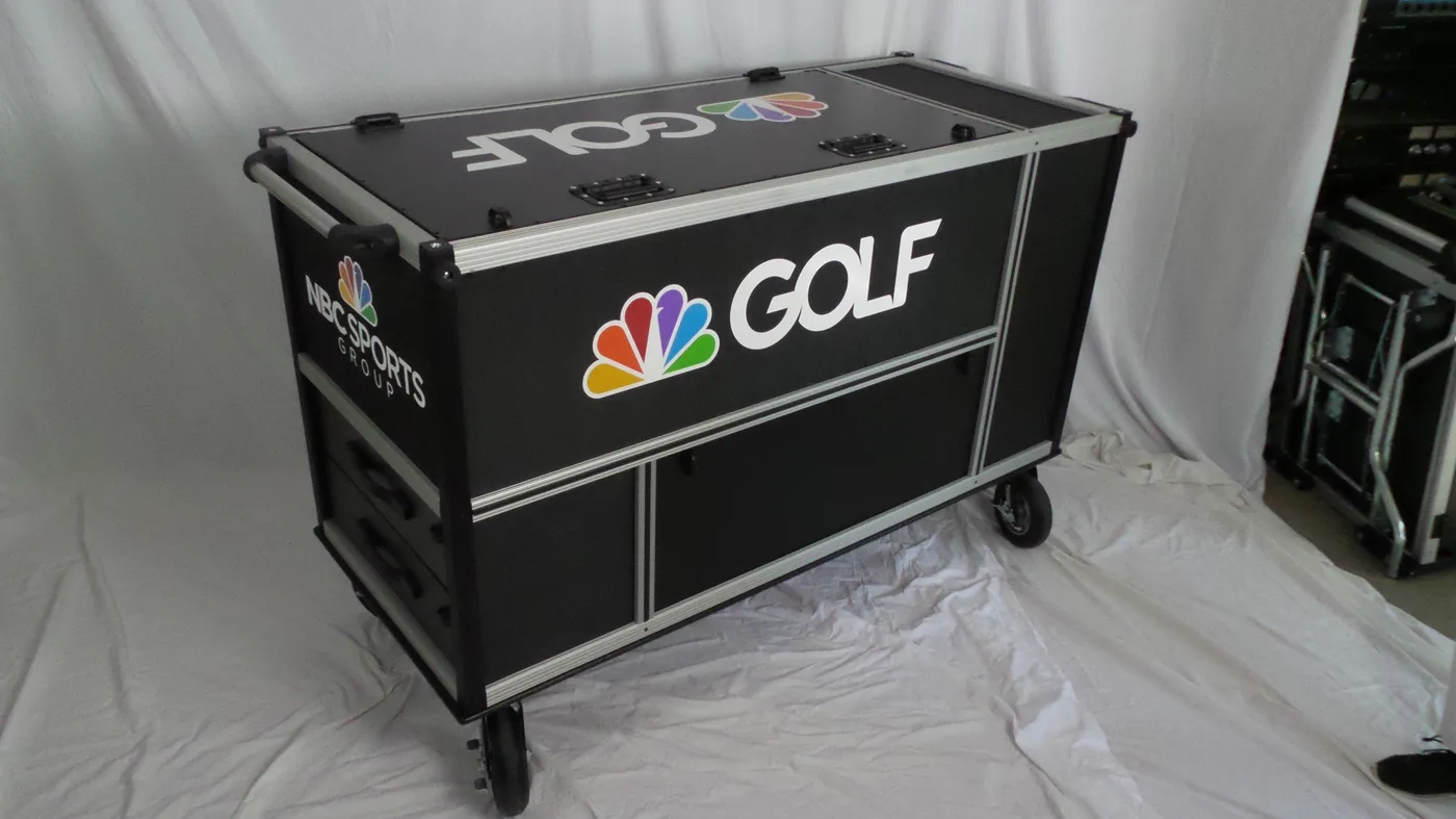 Golf Channel Bigfoot system showing NBC Sports branding and drawer storage